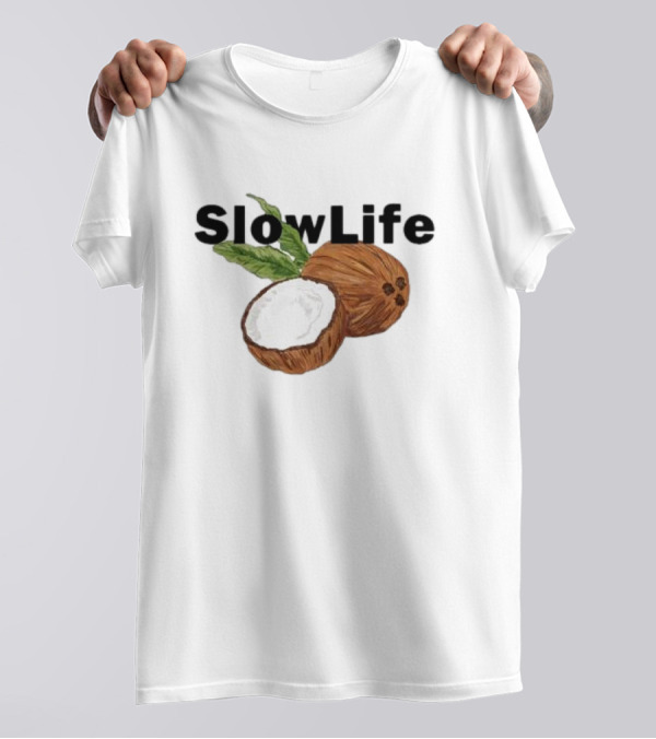 Slow Life Coconut Illustration With Text And Leaves T-Shirt