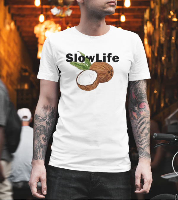 Slow Life Coconut Illustration With Text And Leaves T-Shirt