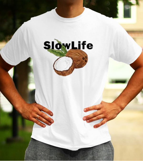 Slow Life Coconut Illustration With Text And Leaves T-Shirt