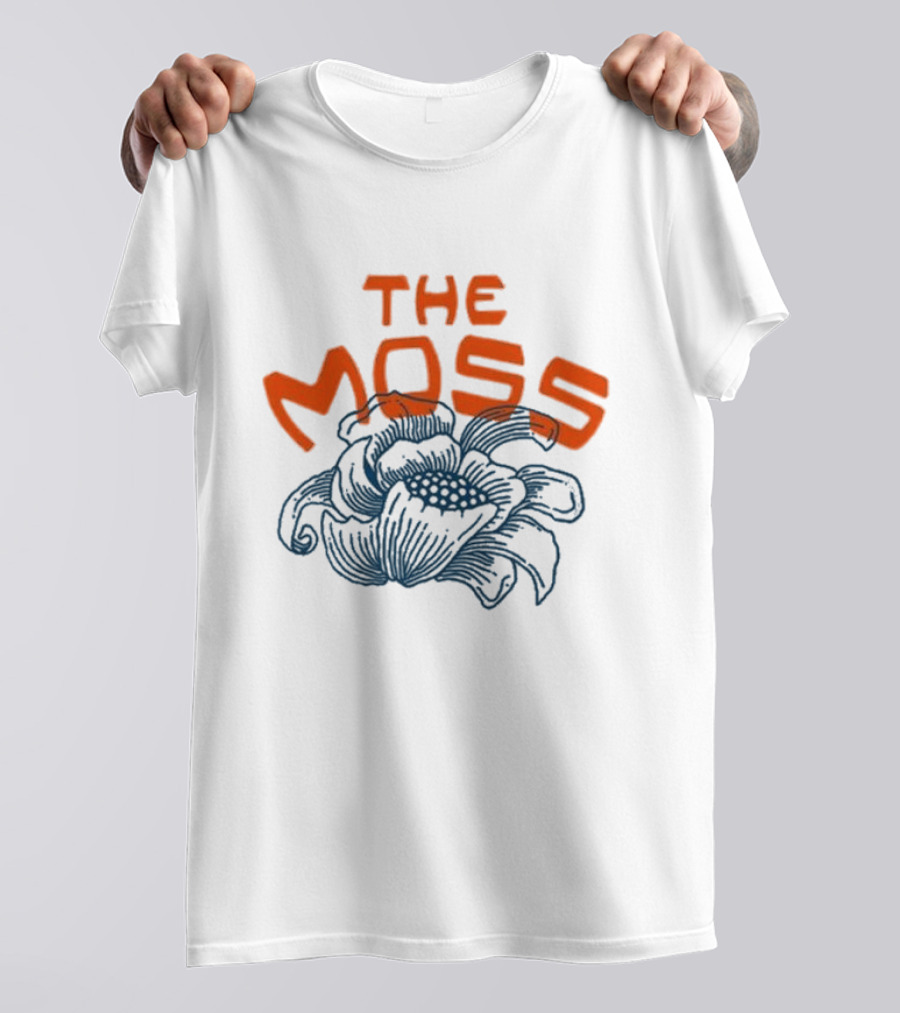 The Moss Flower 2025 Bold Blue And Orange Text Over Artistic Floral Illustration T-Shirt