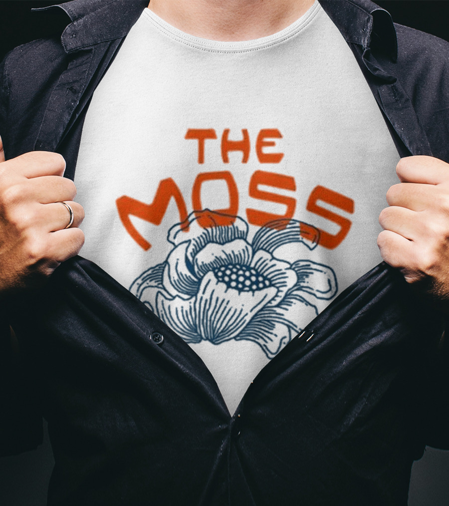 The Moss Flower 2025 Bold Blue And Orange Text Over Artistic Floral Illustration T-Shirt