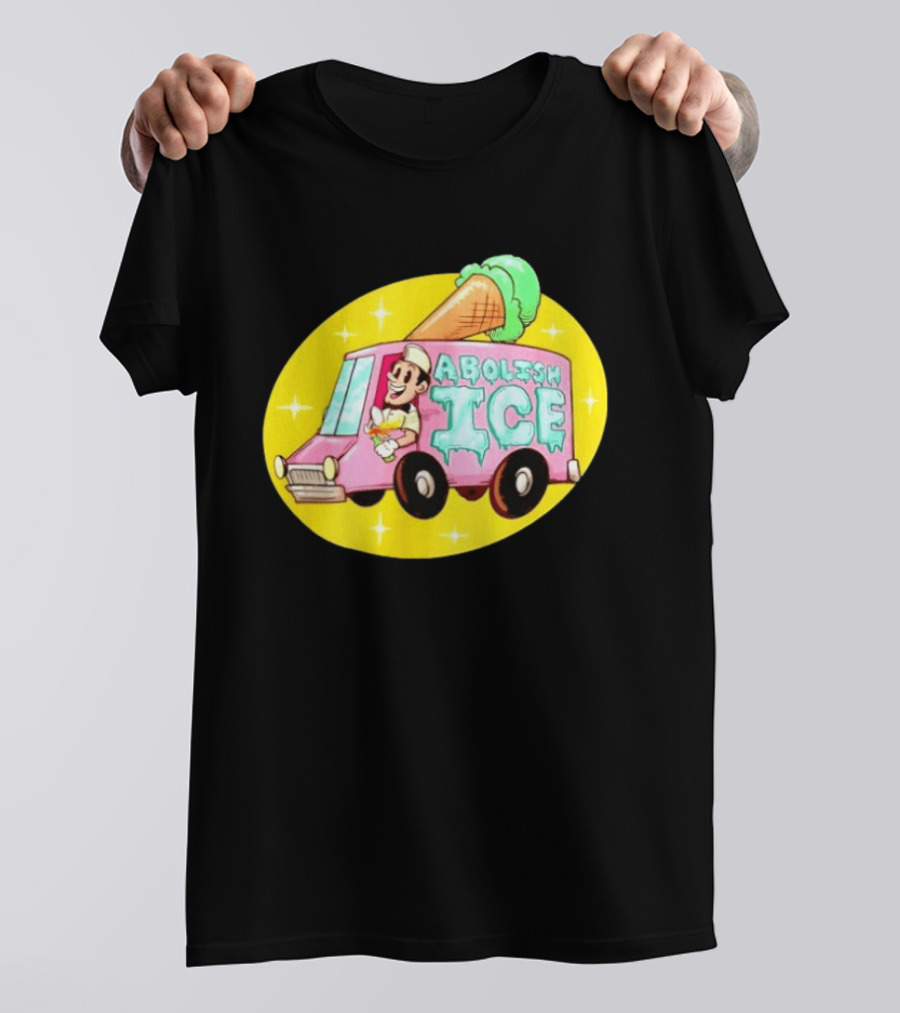 Abolish Ice Pink Ice Cream Truck With Melting Cone On Yellow T-Shirt