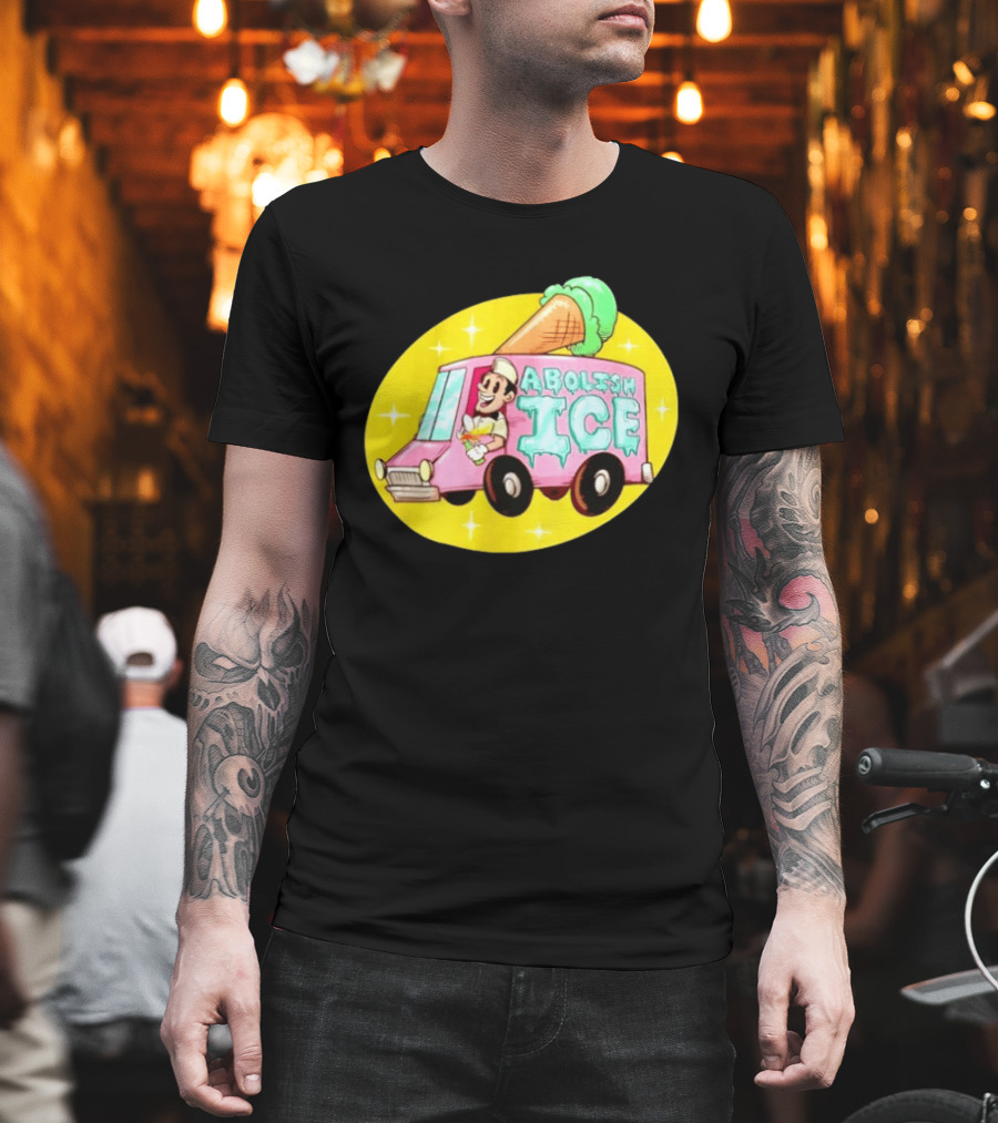 Abolish Ice Pink Ice Cream Truck With Melting Cone On Yellow T-Shirt