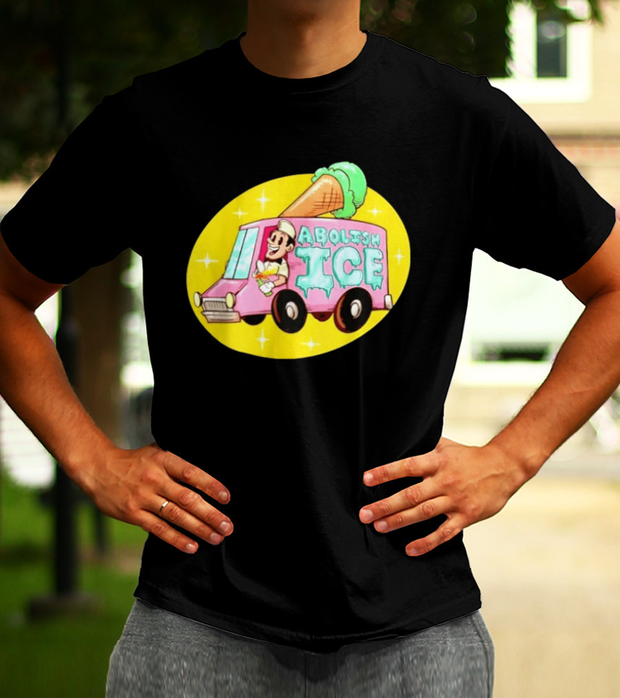 Abolish Ice Pink Ice Cream Truck With Melting Cone On Yellow T-Shirt
