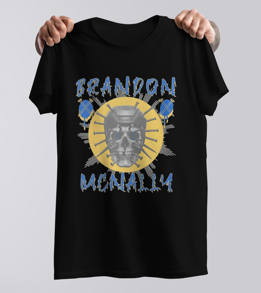 Brandon McNally Hockey Skull 15 Helmet Nails Blue Yellow T-Shirt