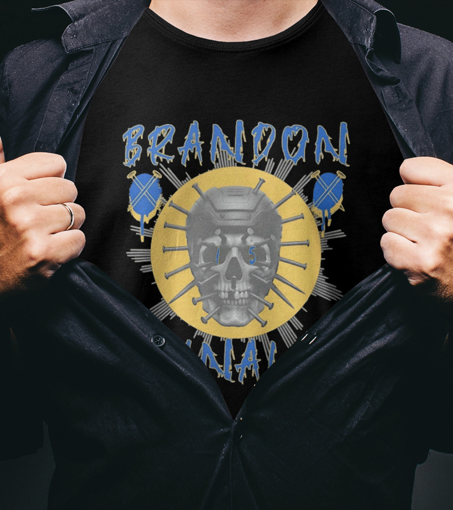 Brandon McNally Hockey Skull 15 Helmet Nails Blue Yellow T-Shirt