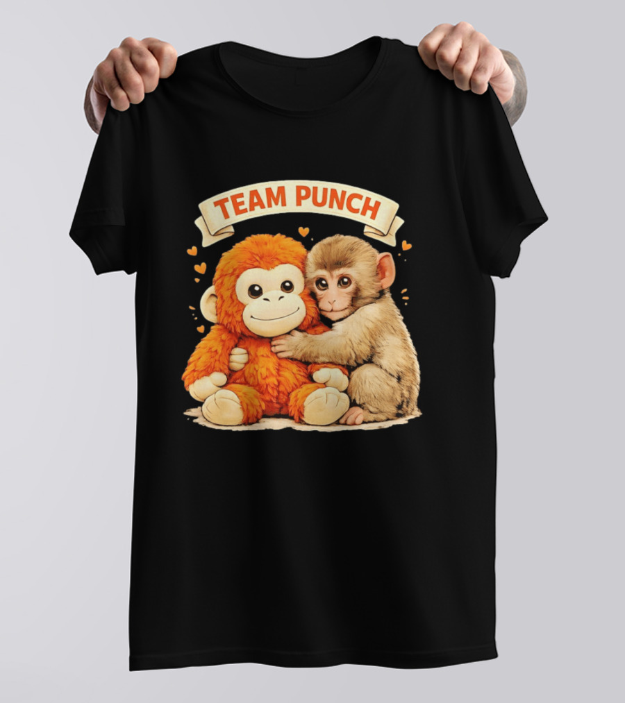 Team Punch Cute Baby Monkey Hugging Orange Plush Toy Charming Japanese Style Hearts T-Shirt