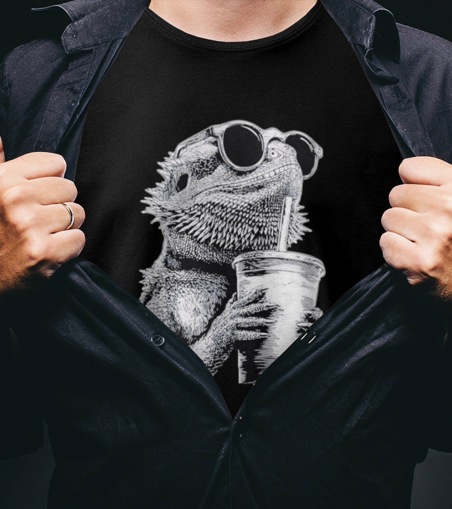 Bearded Dragon With Sunglasses Drinking Iced Coffee T-Shirt