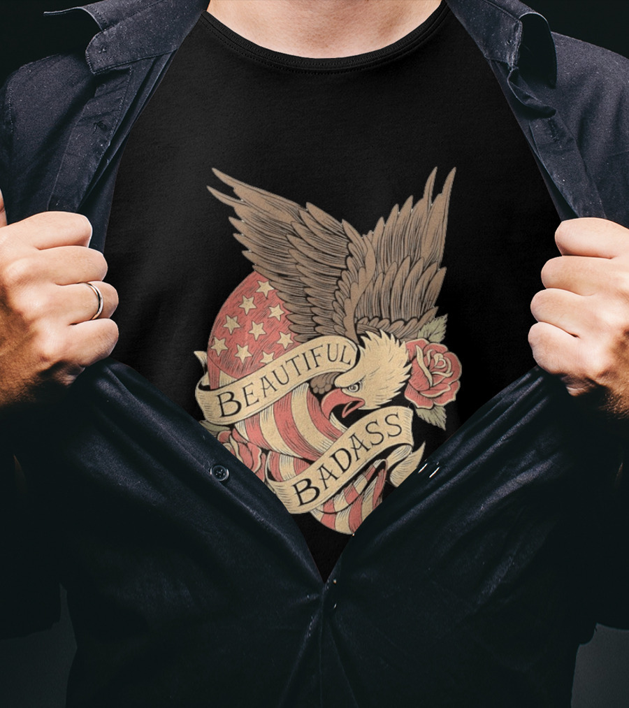 Beautiful Badass Eagle With American Flag And Roses T-Shirt