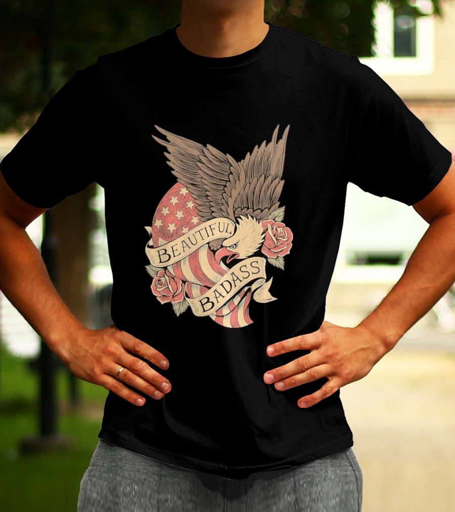 Beautiful Badass Eagle With American Flag And Roses T-Shirt