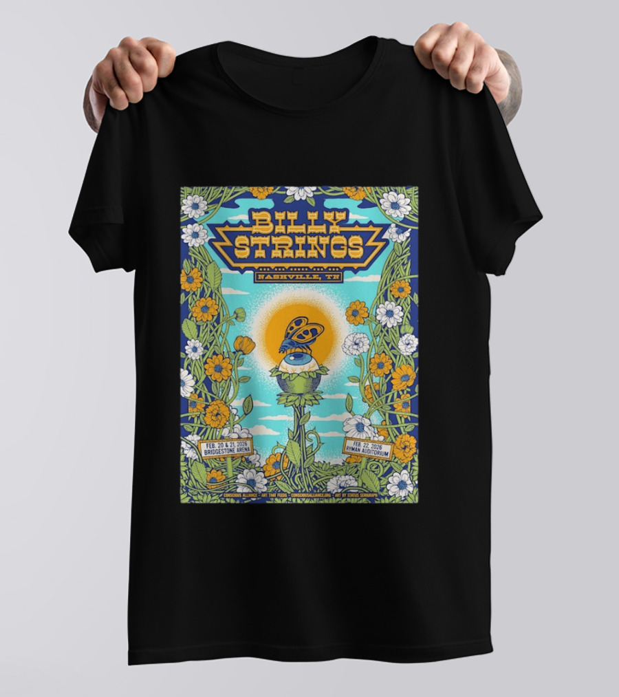 Billy Strings Nashville TN Bridgestone Arena Ryman Auditorium February 2026 Butterfly Flowers T-Shirt