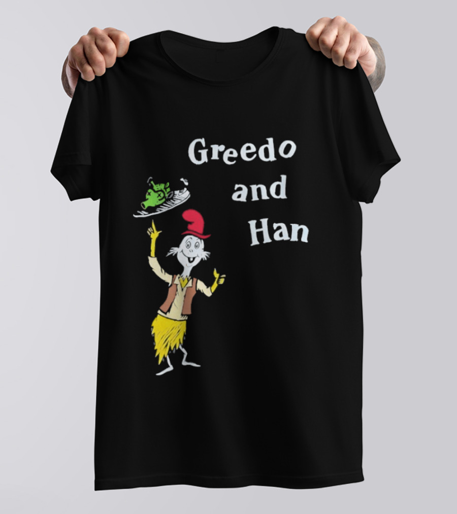 Greedo And Han Whimsical Cartoon Character Balancing Act T-Shirt