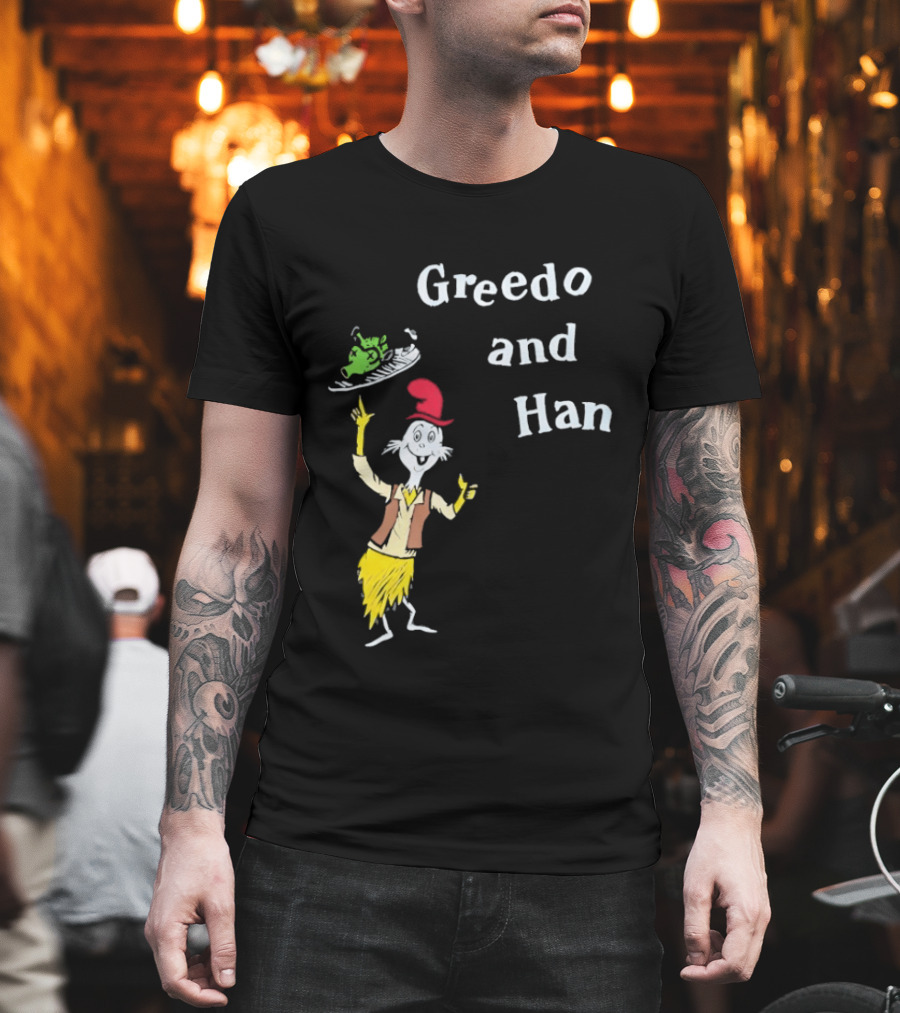 Greedo And Han Whimsical Cartoon Character Balancing Act T-Shirt