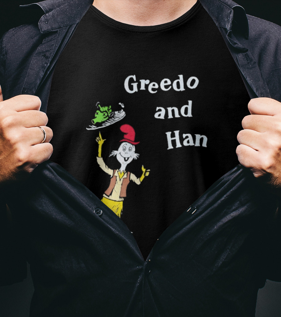 Greedo And Han Whimsical Cartoon Character Balancing Act T-Shirt