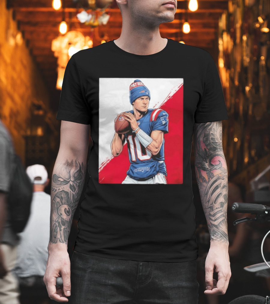 New England Patriots Number 10 Quarterback Throwing Football Beanie T-Shirt