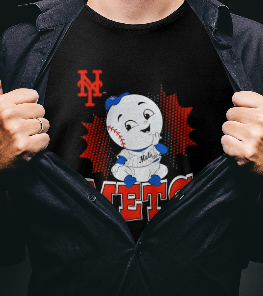 NY Mets Mr. Met Cartoon Character With Baseball And Team T-Shirt