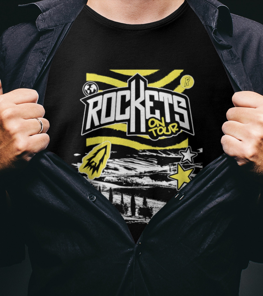 Rockets On Tour Bold Text With Yellow Stars And Rocketship T-Shirt