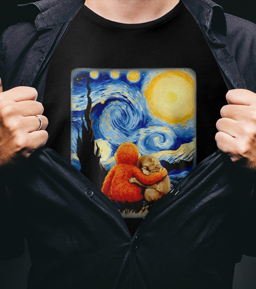 Punch Kun Panchi Kun Van Gogh Monkey Punch Starry Night Hugging Scene T-Shirt