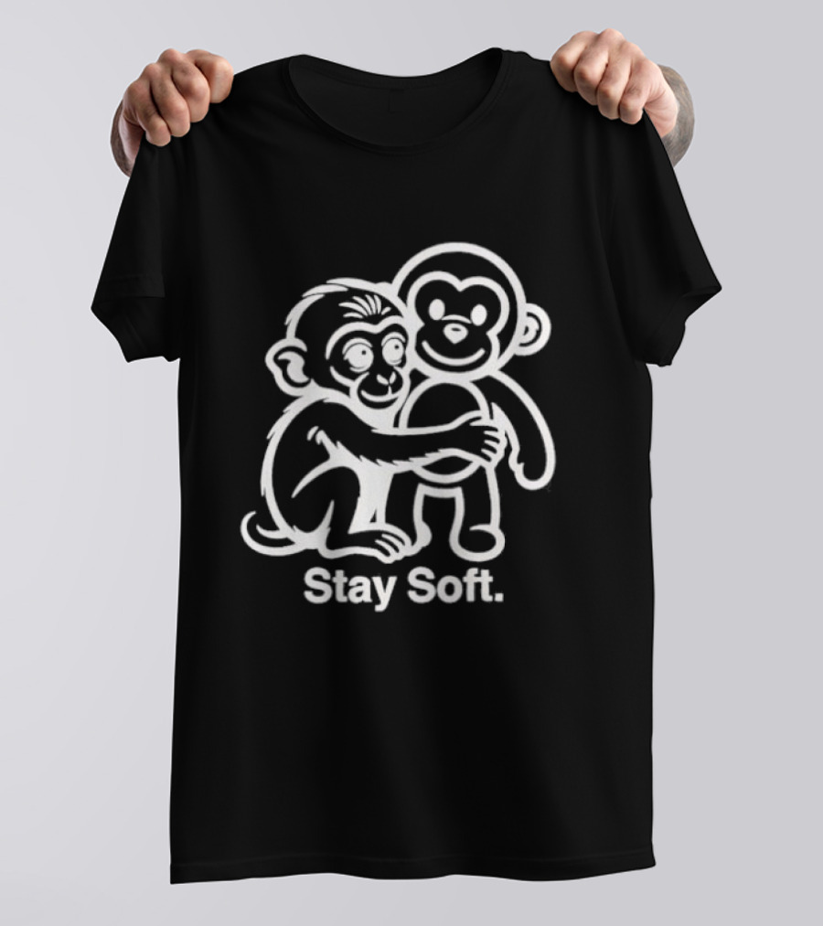 Stay Soft Monkey Hugging Monkey White Line T-Shirt