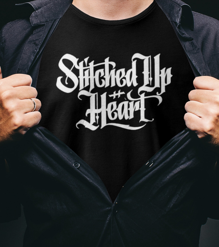 Stitched Up Heart Band Merchandise Gothic Lettering T-Shirt