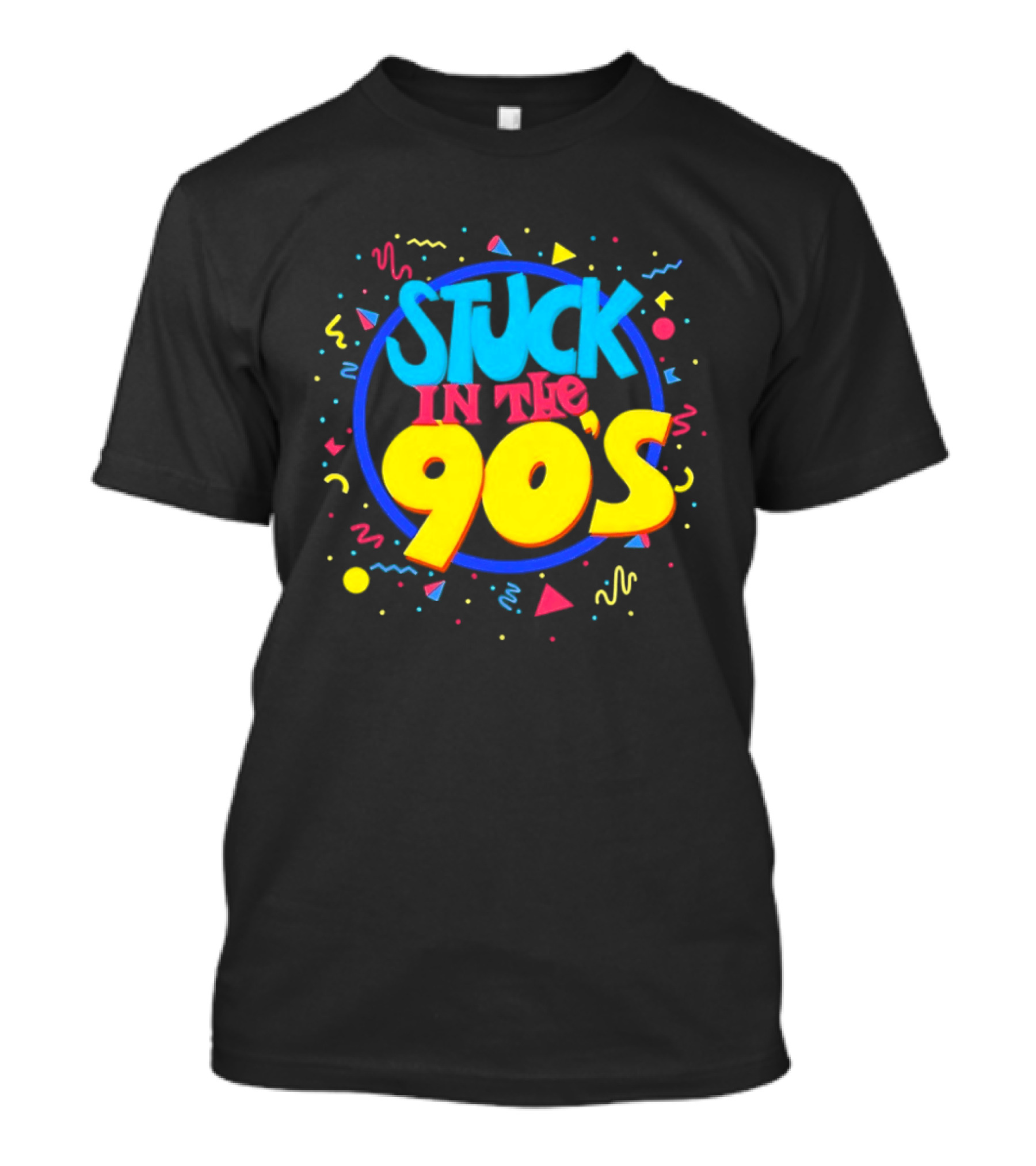 Stuck In The 90s Colorful Retro Vibes With Bold Typography And 90s T-Shirt