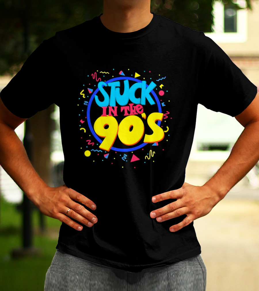 Stuck In The 90s Colorful Retro Vibes With Bold Typography And 90s T-Shirt