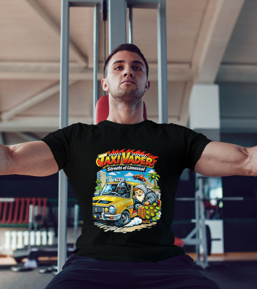Taxi Vader Streets Of Limassol Adventure With Iconic Characters And Yellow Cab In Cityscape T-Shirt
