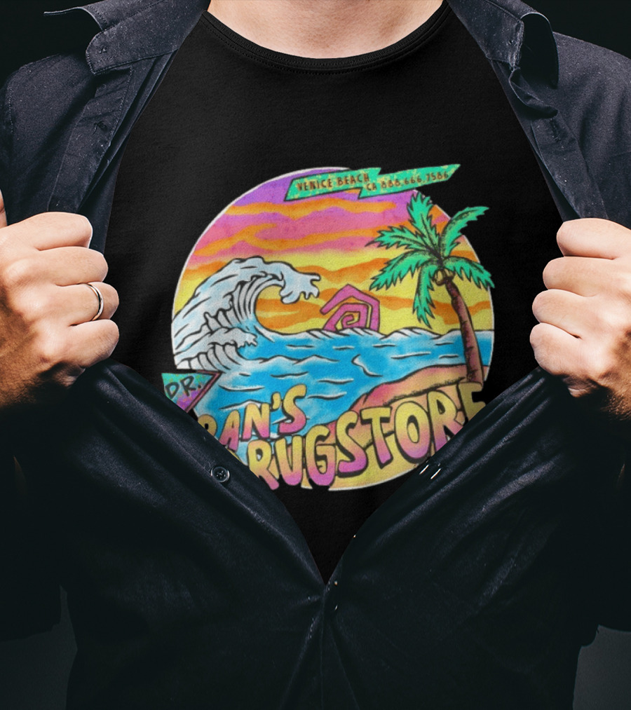 Venice Beach Dr. Fran's Drugstore Surf Wave Tropical Scene T-Shirt