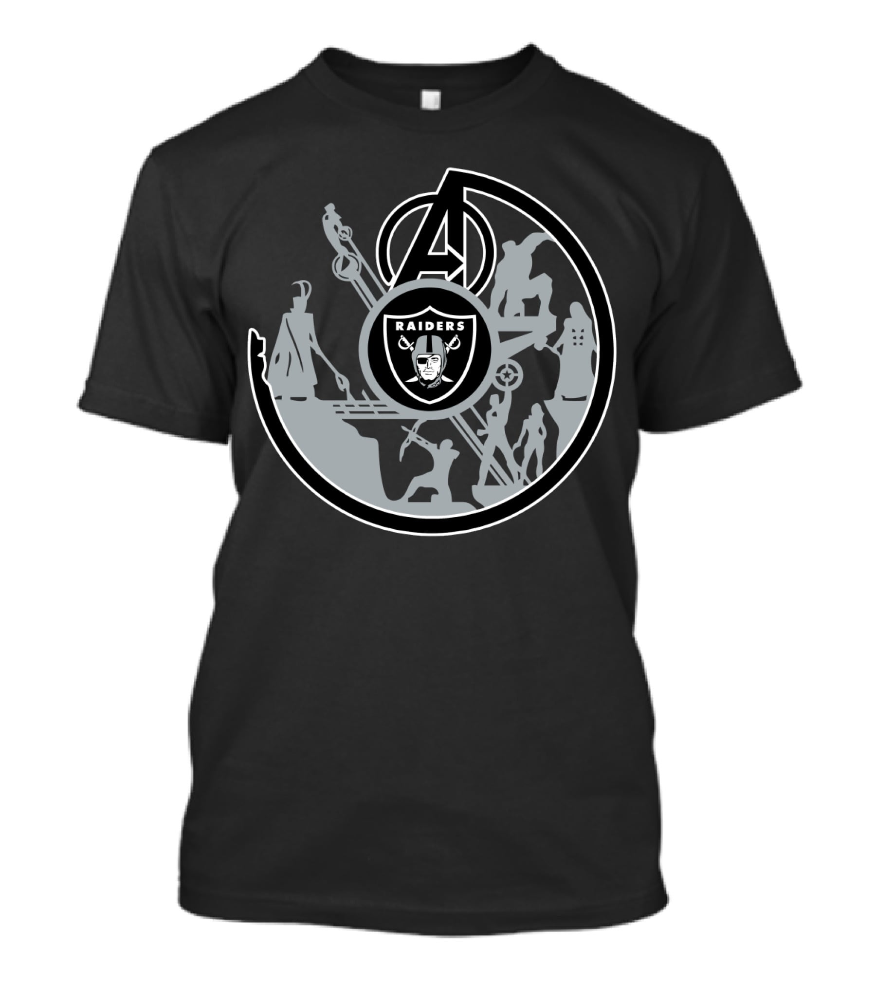 Avengers Raiders Crossover Emblem With Superhero Silhouettes And Icons T-Shirt