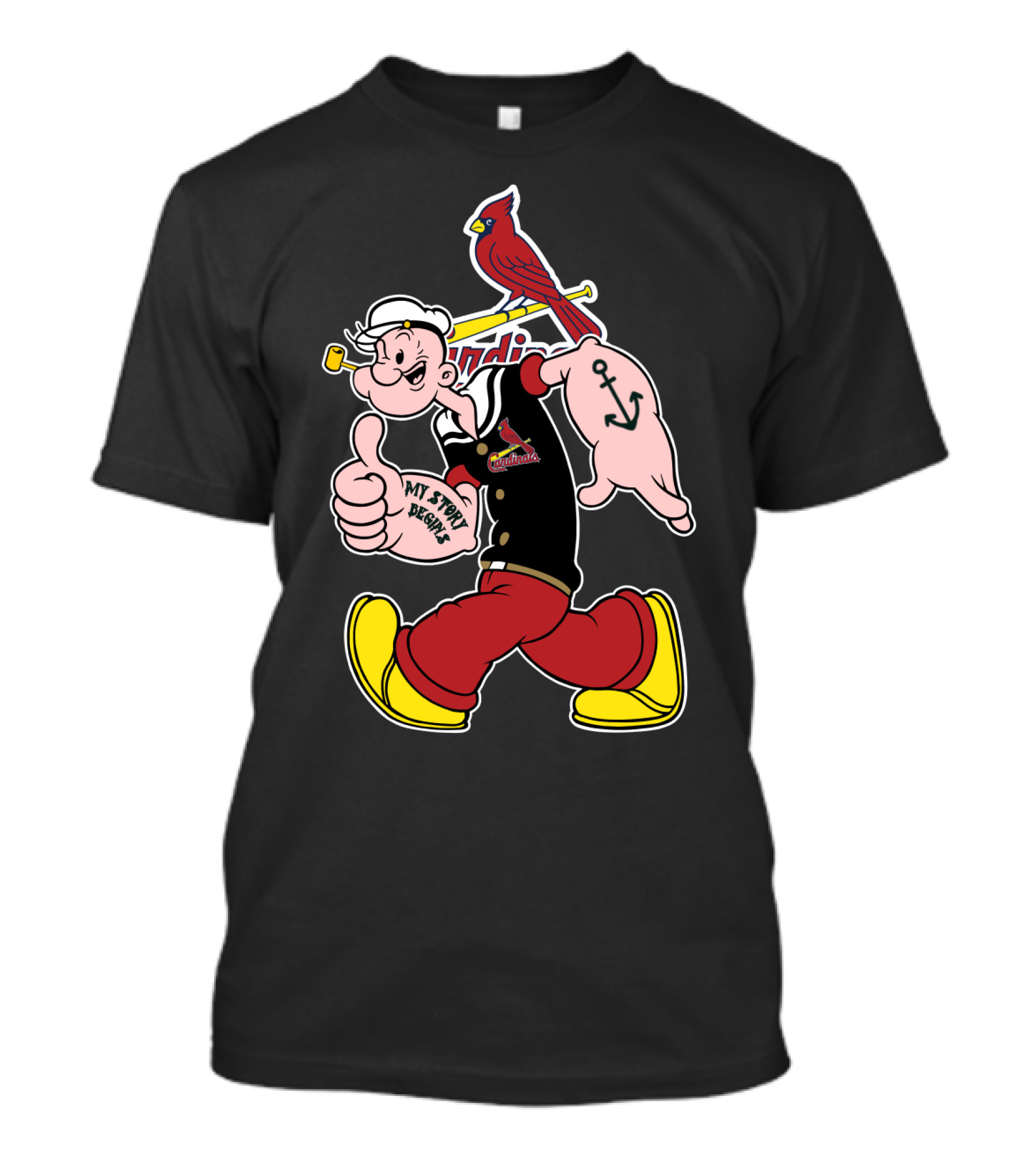 Popeye Thumbs Up With St. Louis Cardinals Logo And Cardinal Bird On Bat T-Shirt