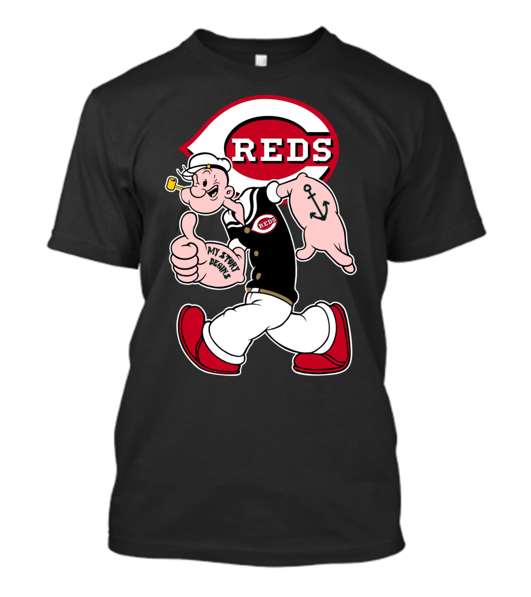 Cincinnati Reds Popeye Cartoon Character Collaboration T-Shirt