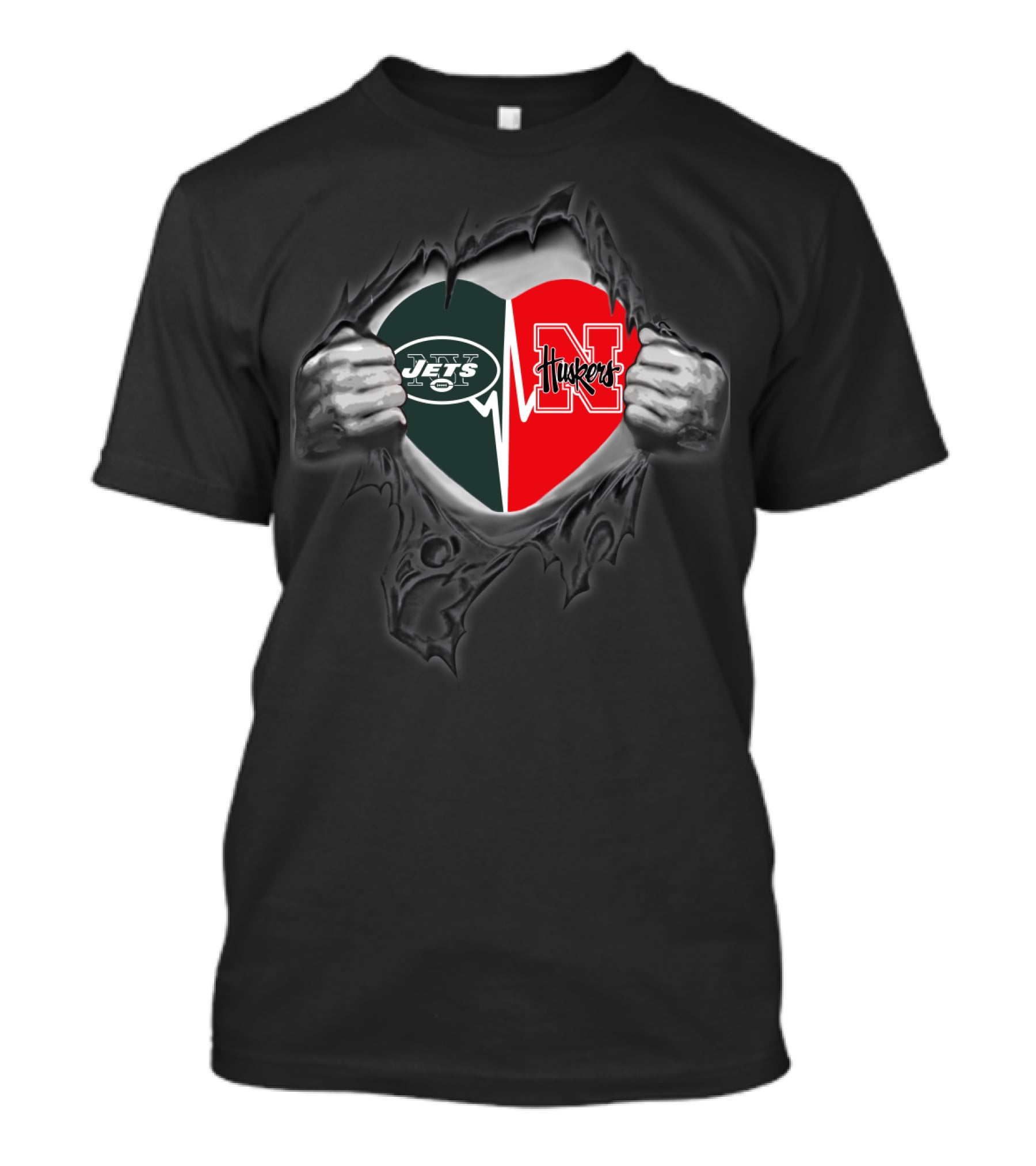 Jets Nebraska Huskers Heart Torn Fabric T-Shirt