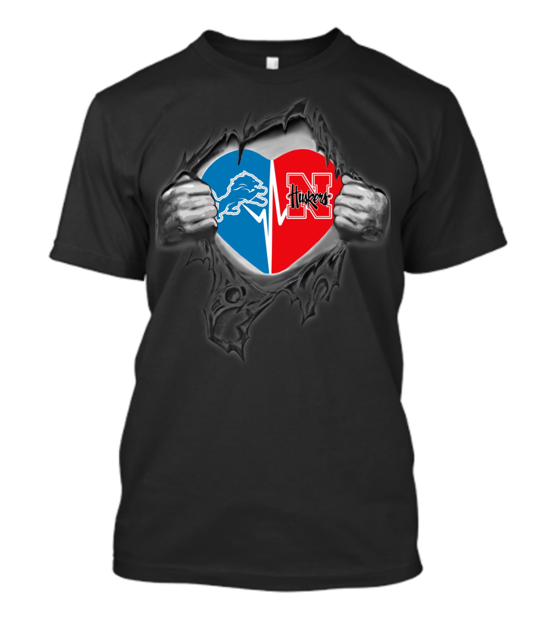 Detroit Lions Nebraska Huskers Heart Torn Open T-Shirt