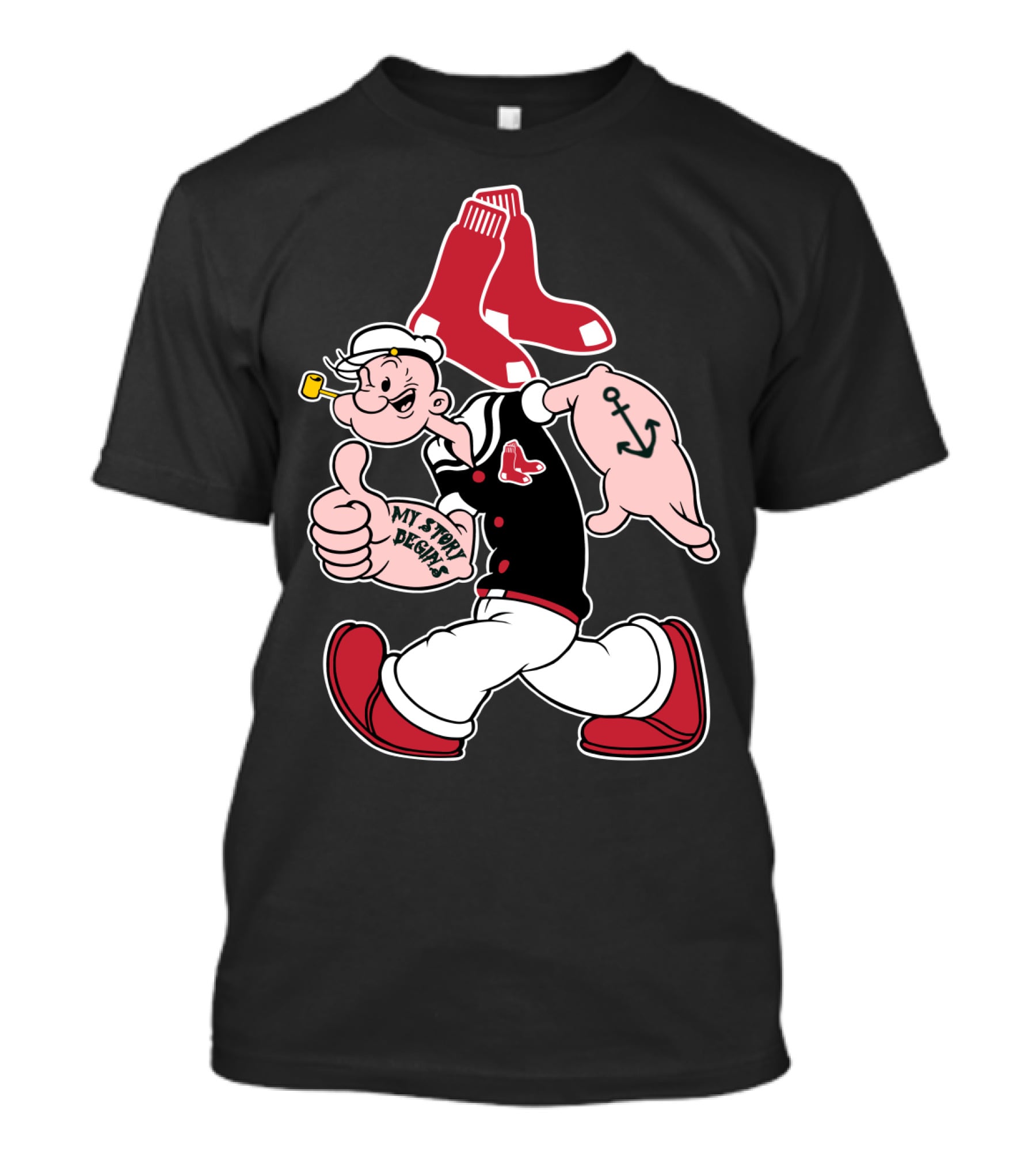 Popeye Thumbs Up Boston Red Sox Double Socks Anchor Tattoo Black T-Shirt