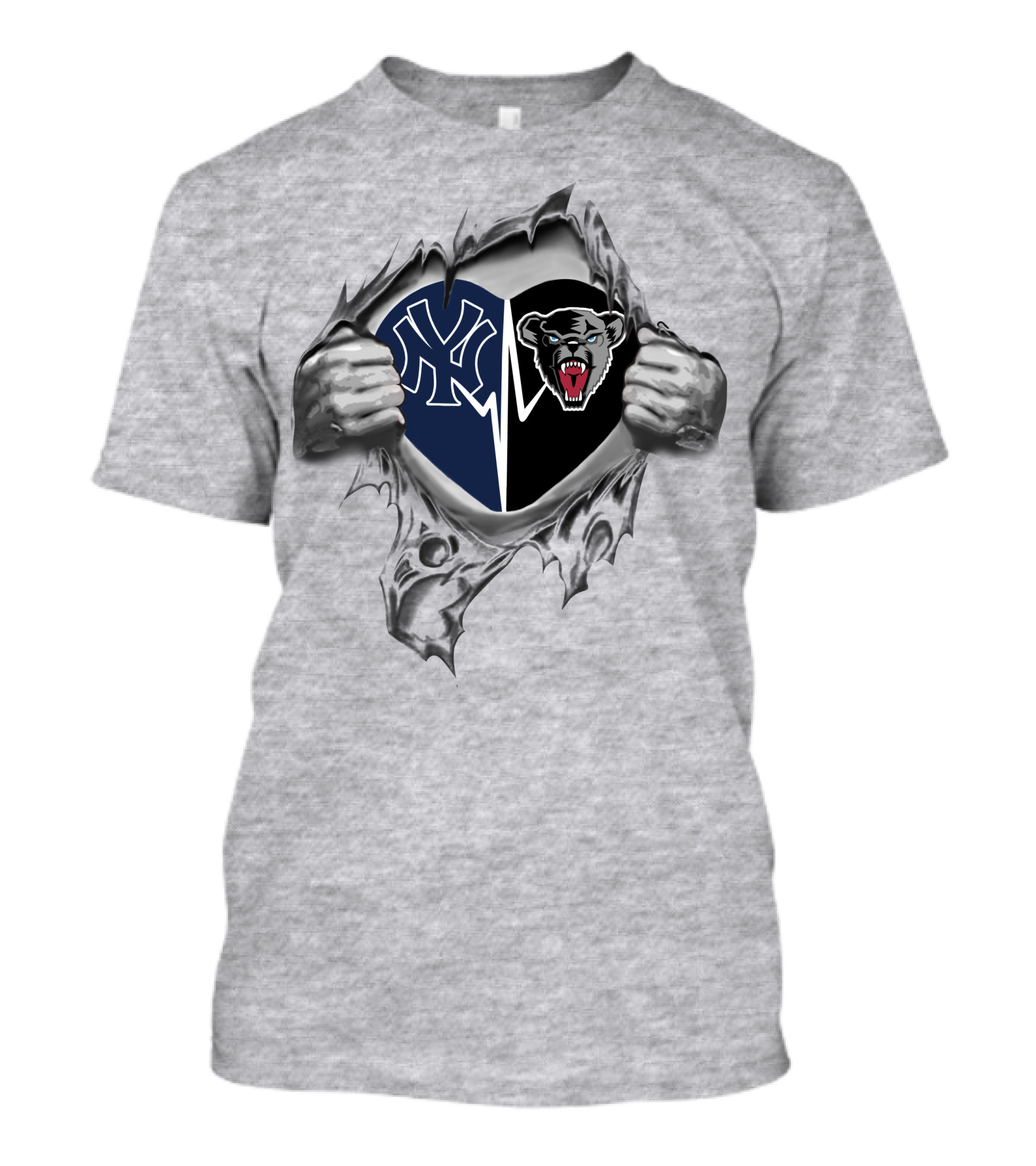 Yankees And Maine Black Bears Heart With Rip Effect T-Shirt