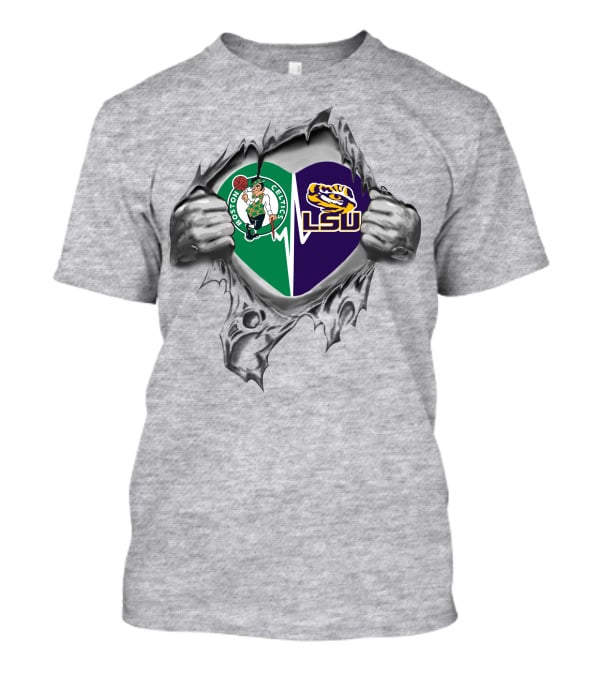 Boston Celtics Lsu Tigers Heartbeat Split Logo Peeling T-Shirt