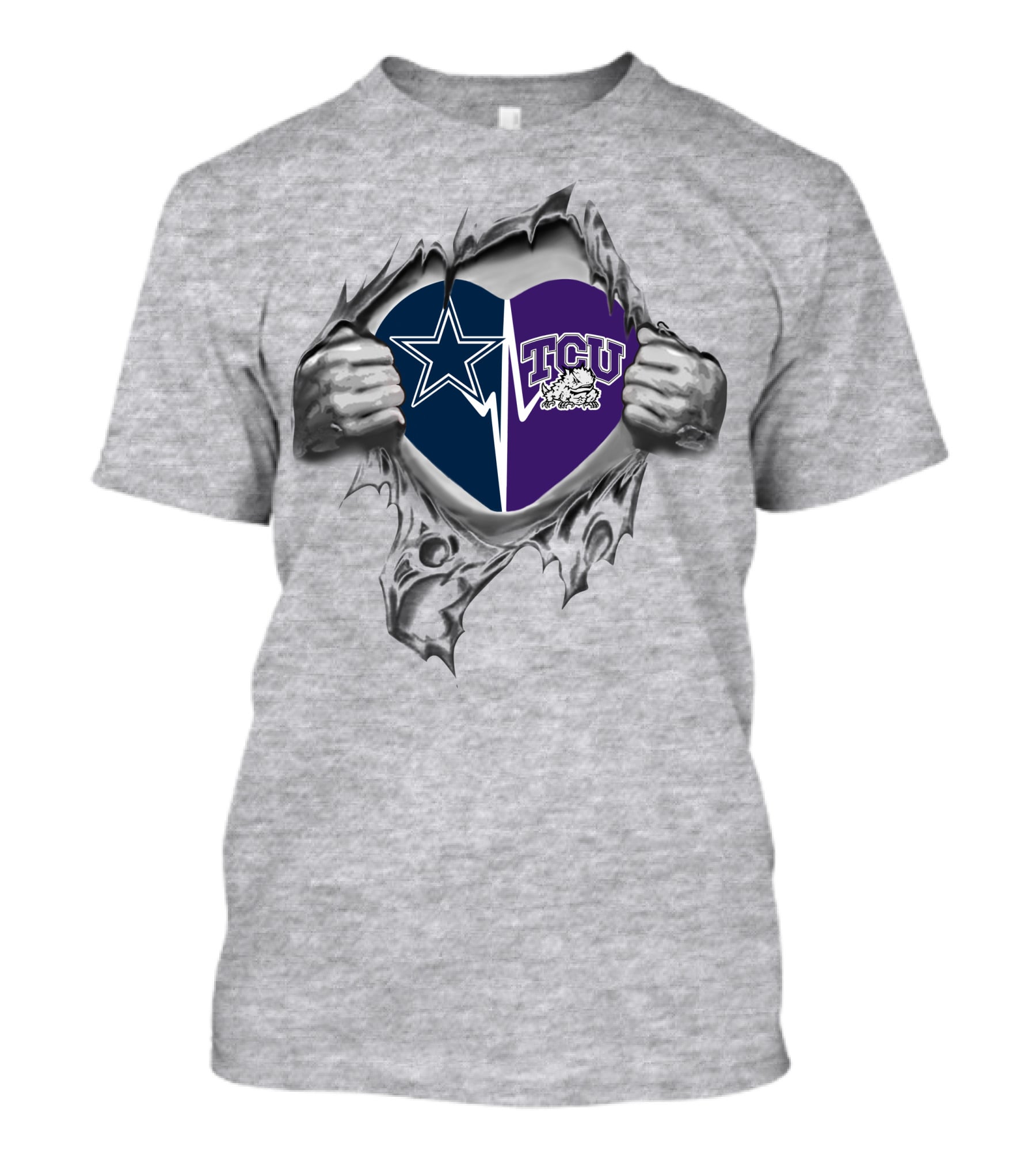 Cowboys Tcu Horned Frogs Heart With Hands Peeling Back Silver Armor T-Shirt