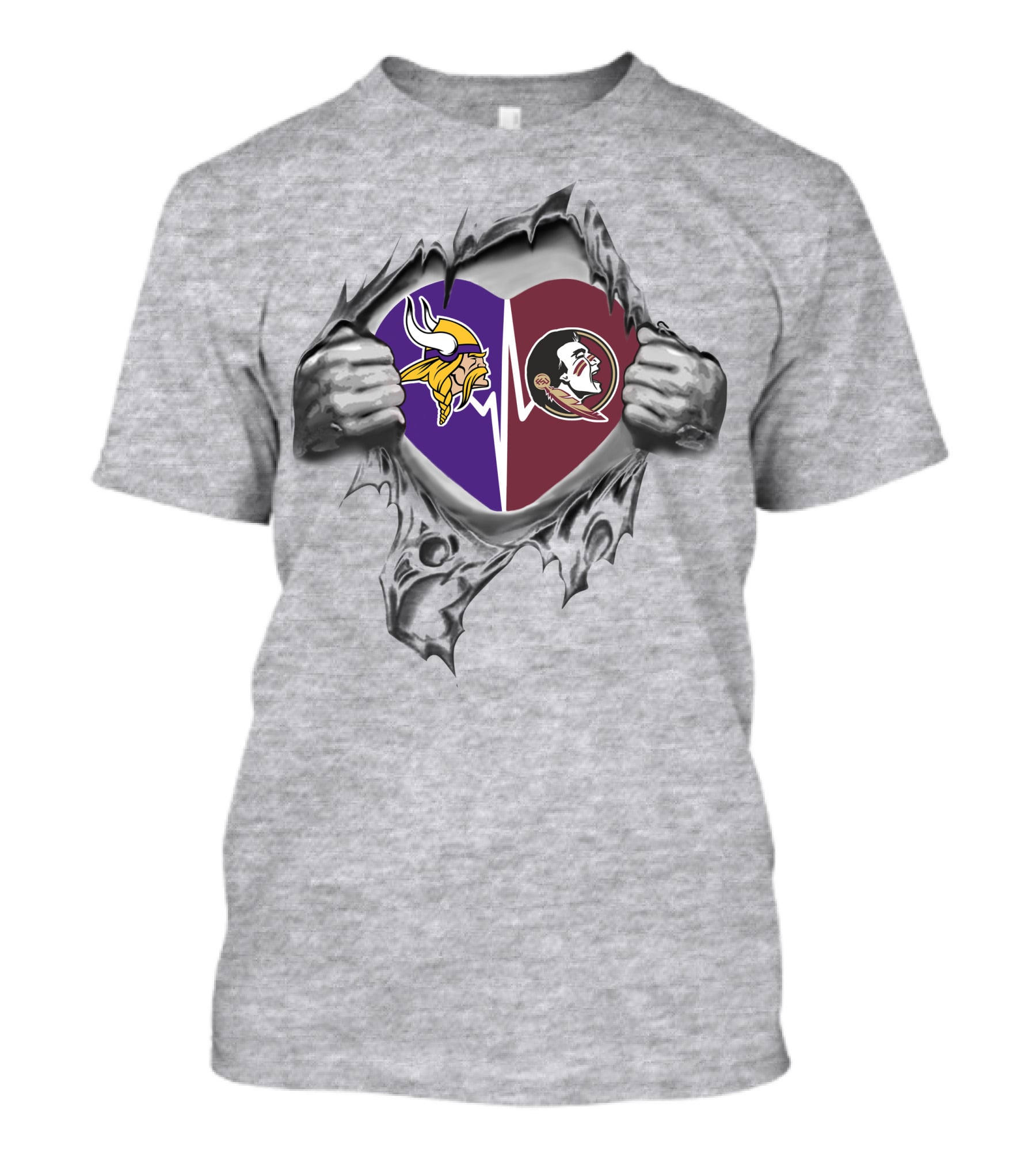 Vikings Fsu Heart Symbol With Logos And Torn Hands T-Shirt
