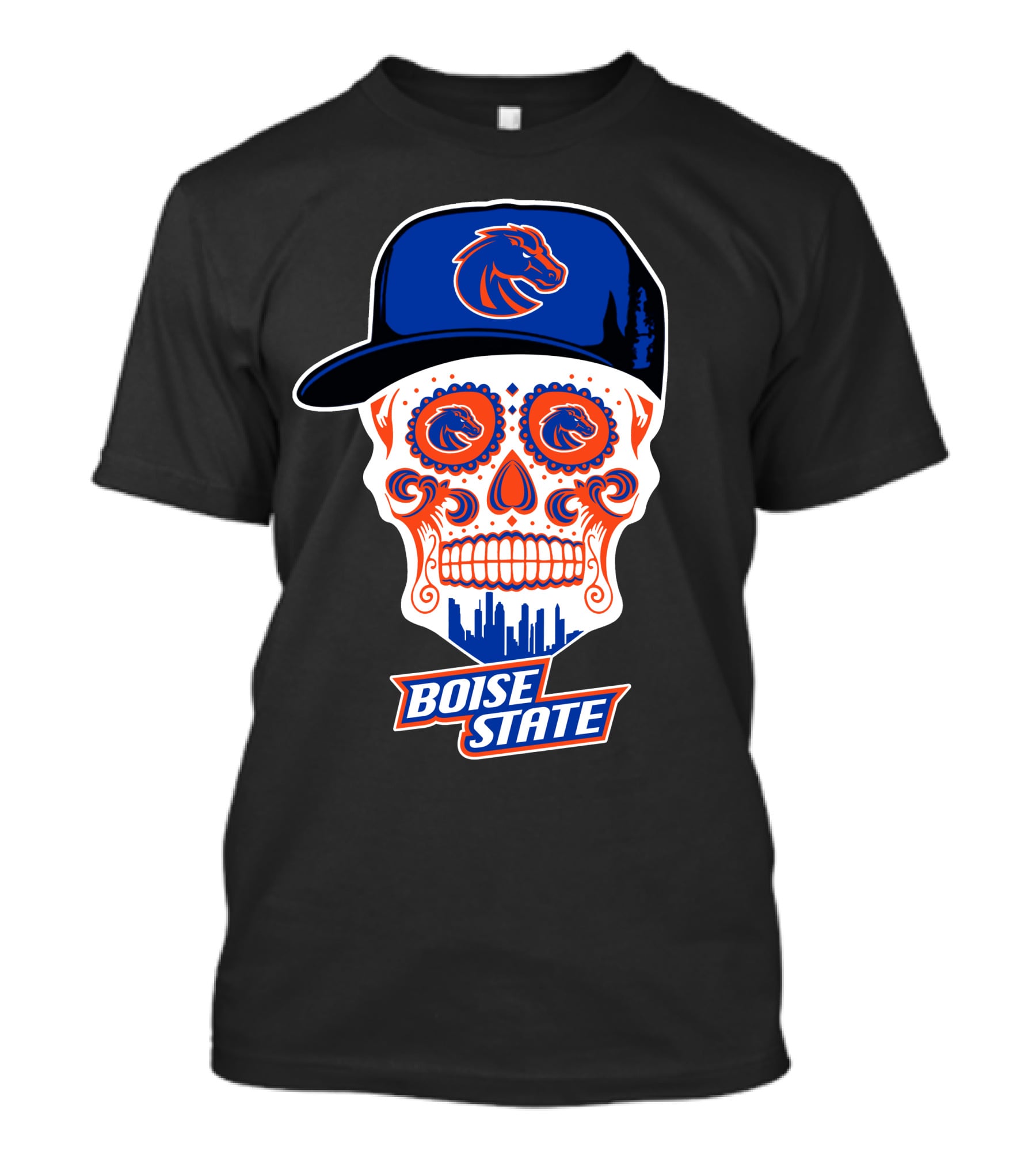 Boise State Broncos Skull With Hat And City Skyline T-Shirt
