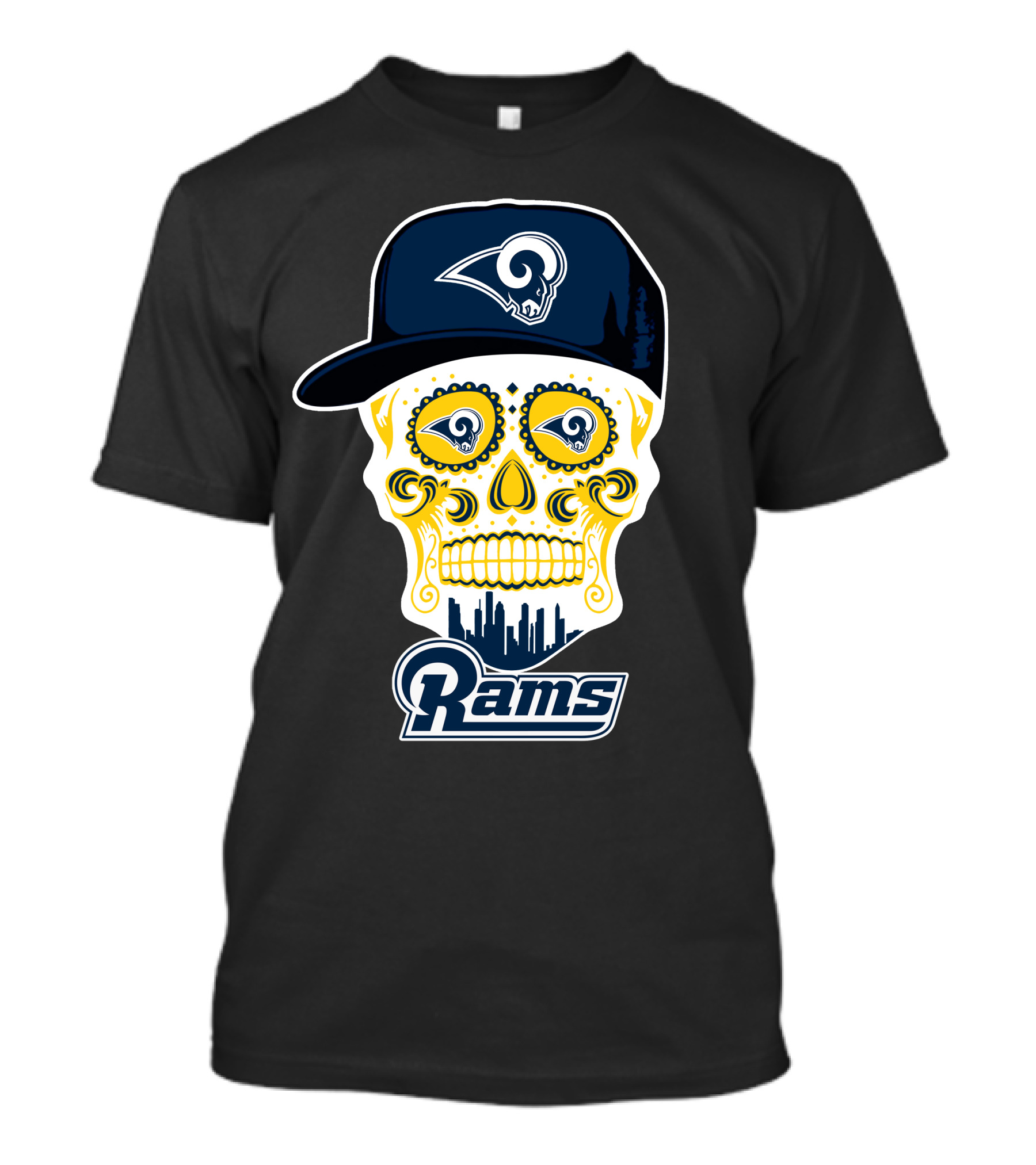 Los Angeles Rams Skull Rams Cap City Skyline T-Shirt