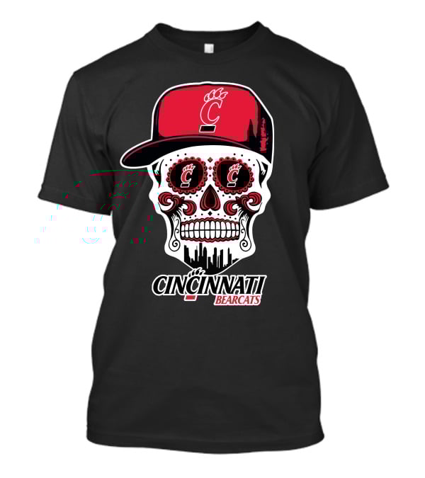 Cincinnati Bearcats Skull With Red Cap And Cityscape Elements T-Shirt