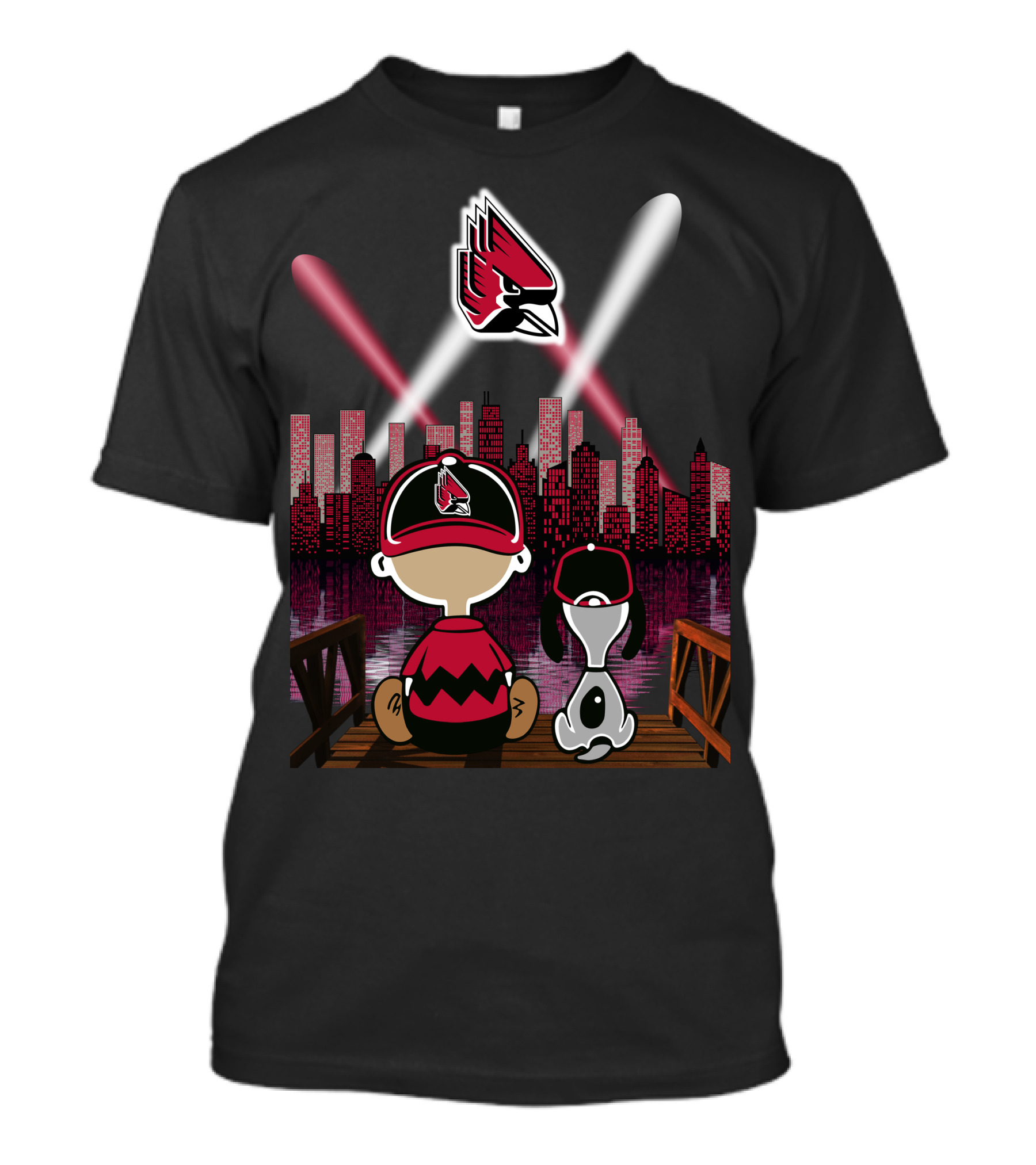 Ball State Cardinals City By Night Skyline Kids And Dog With Spotlight T-Shirt