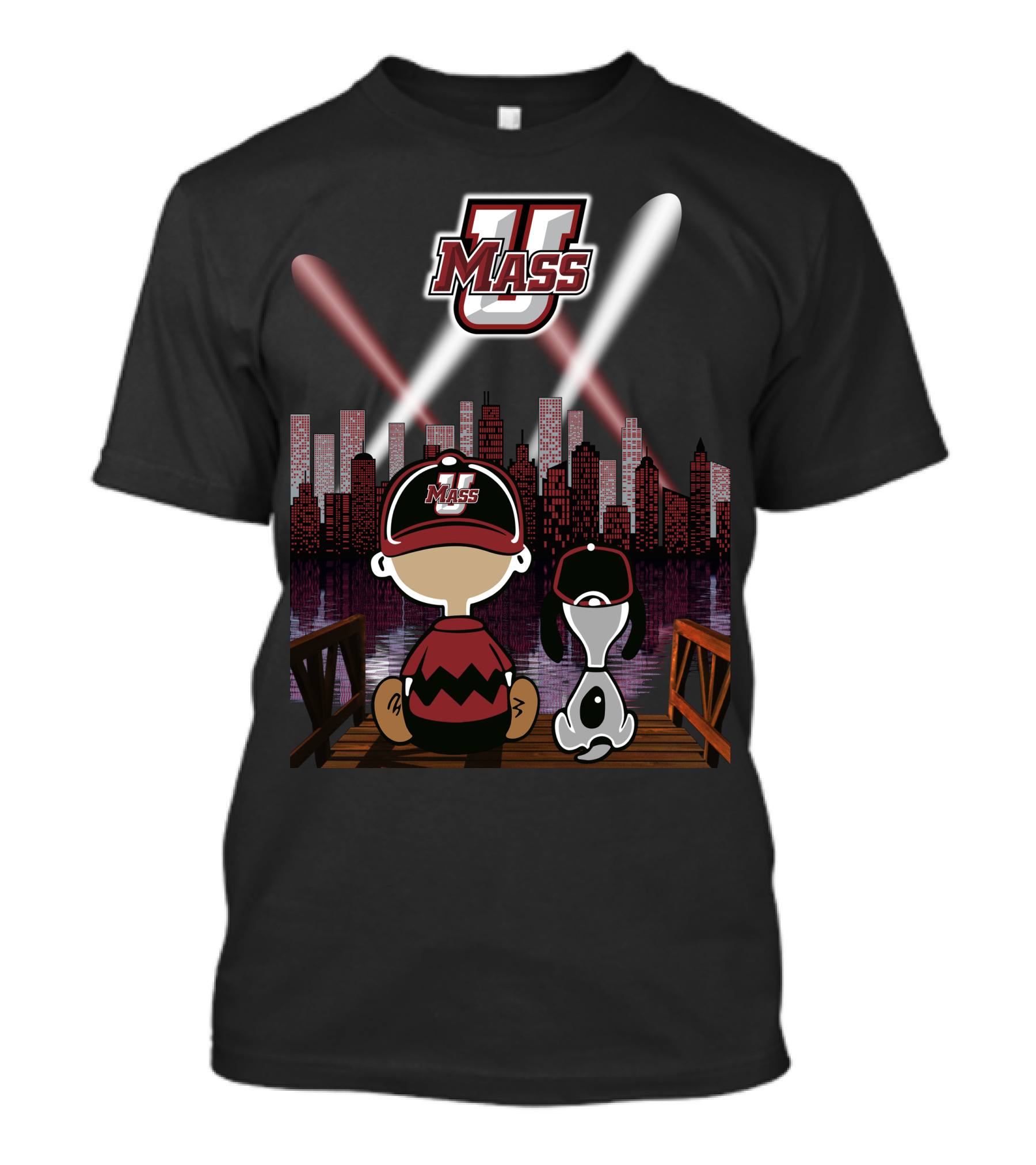 Umass Minutemen Downtown Skyline At Night With Cartoon Duo T-Shirt