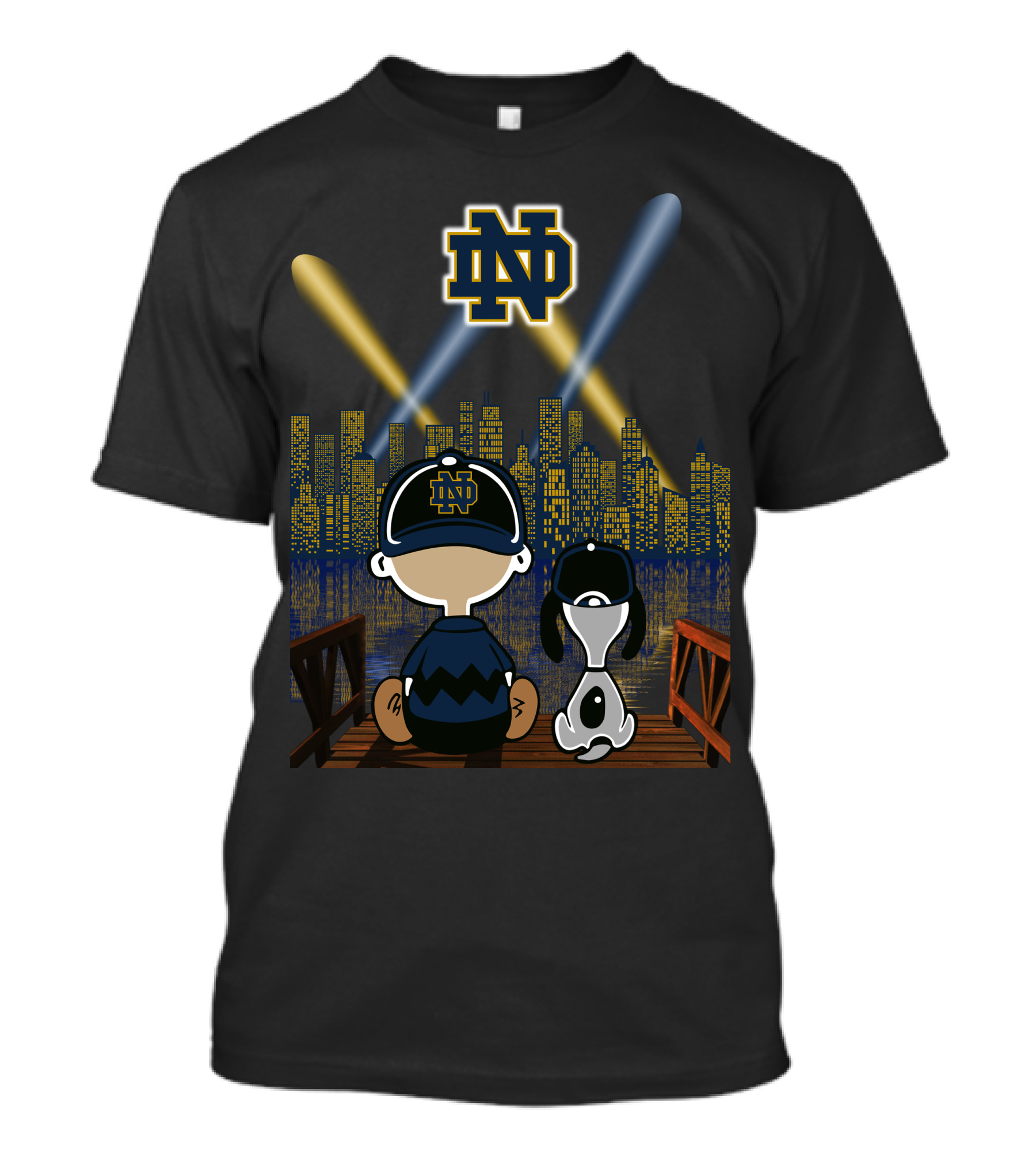 Notre Dame Fighting Irish City Skyline Night Scene With Kids And Dog T-Shirt