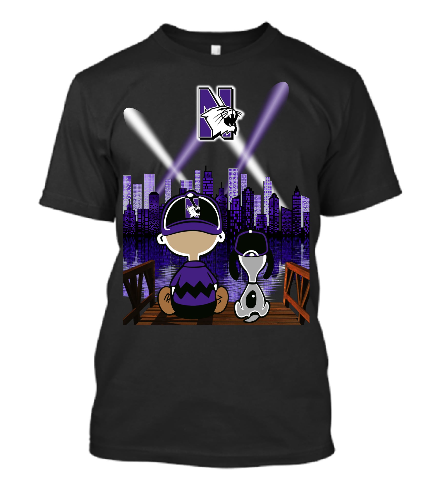 Snoopy And Friends Enjoying Northwestern Wildcats Night Skyline Scene T-Shirt