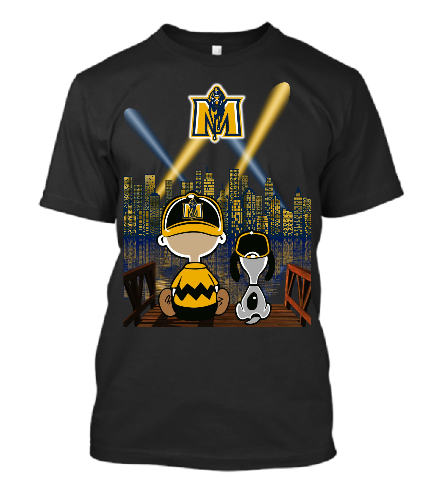 Murray State Racers City Night Skyline With Mascot And Cartoon Characters T-Shirt