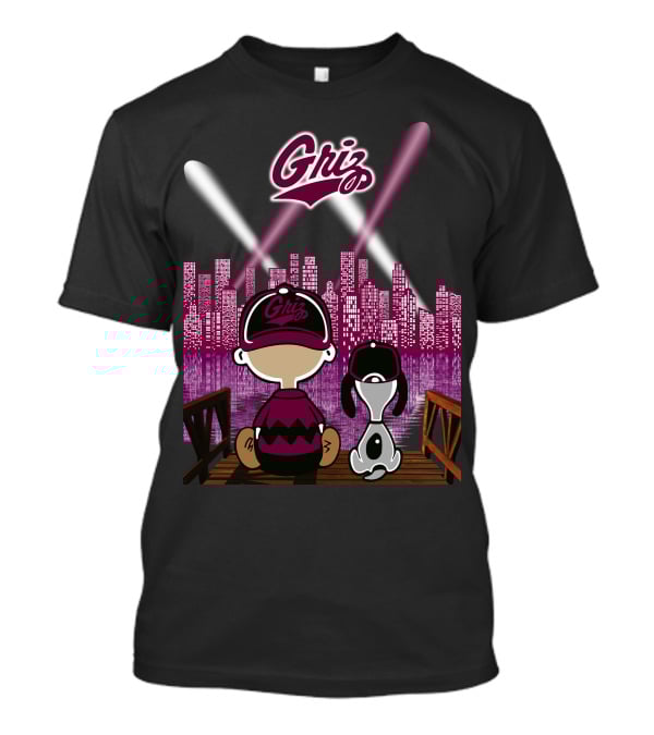 Griz 53 Montana Grizzlies City By Night Skyline With Dog And Child On Bridge T-Shirt