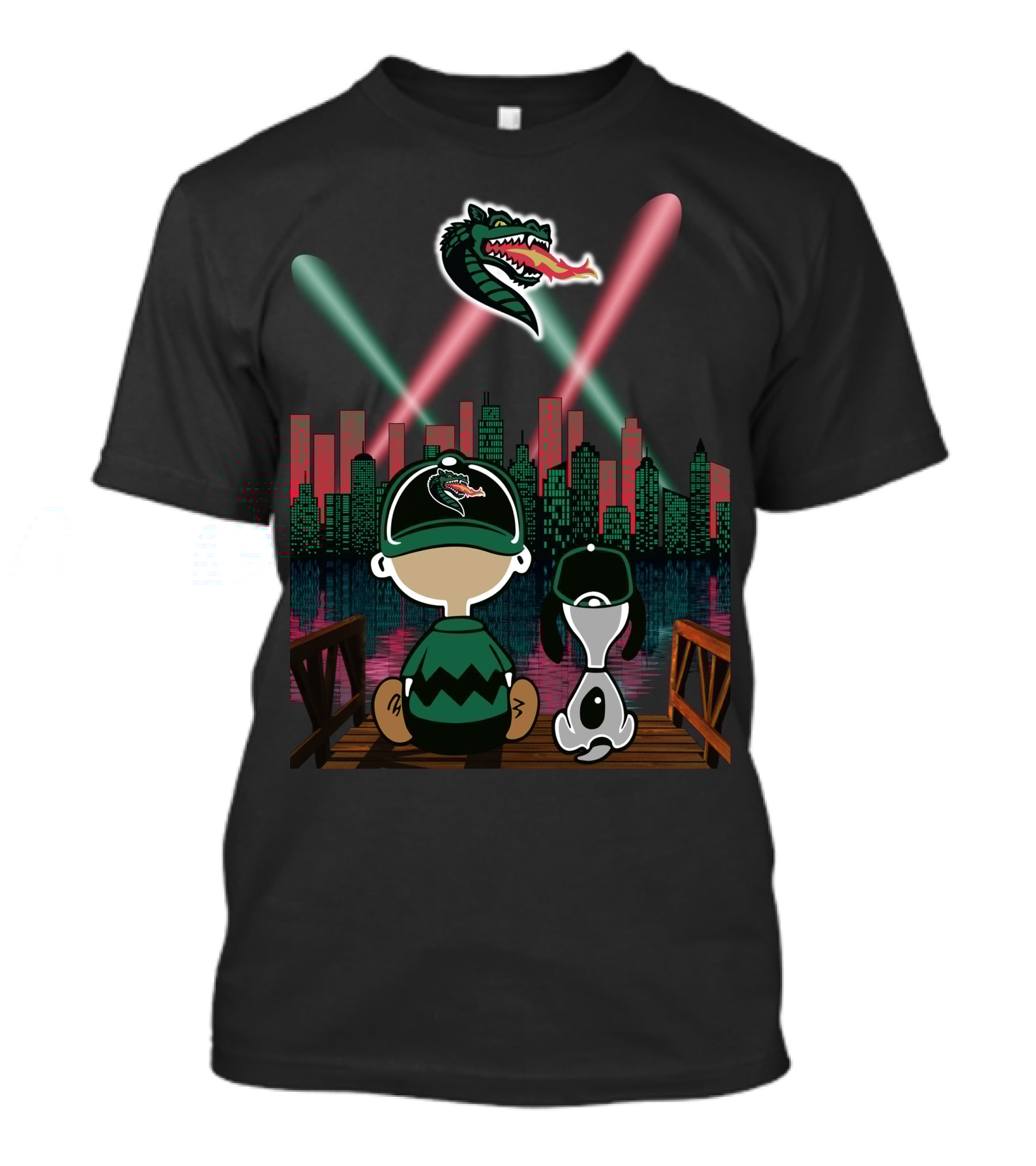 Uab Blazers Dragon Logo Over City Skyline With Cartoon Characters On Bridge At Night T-Shirt