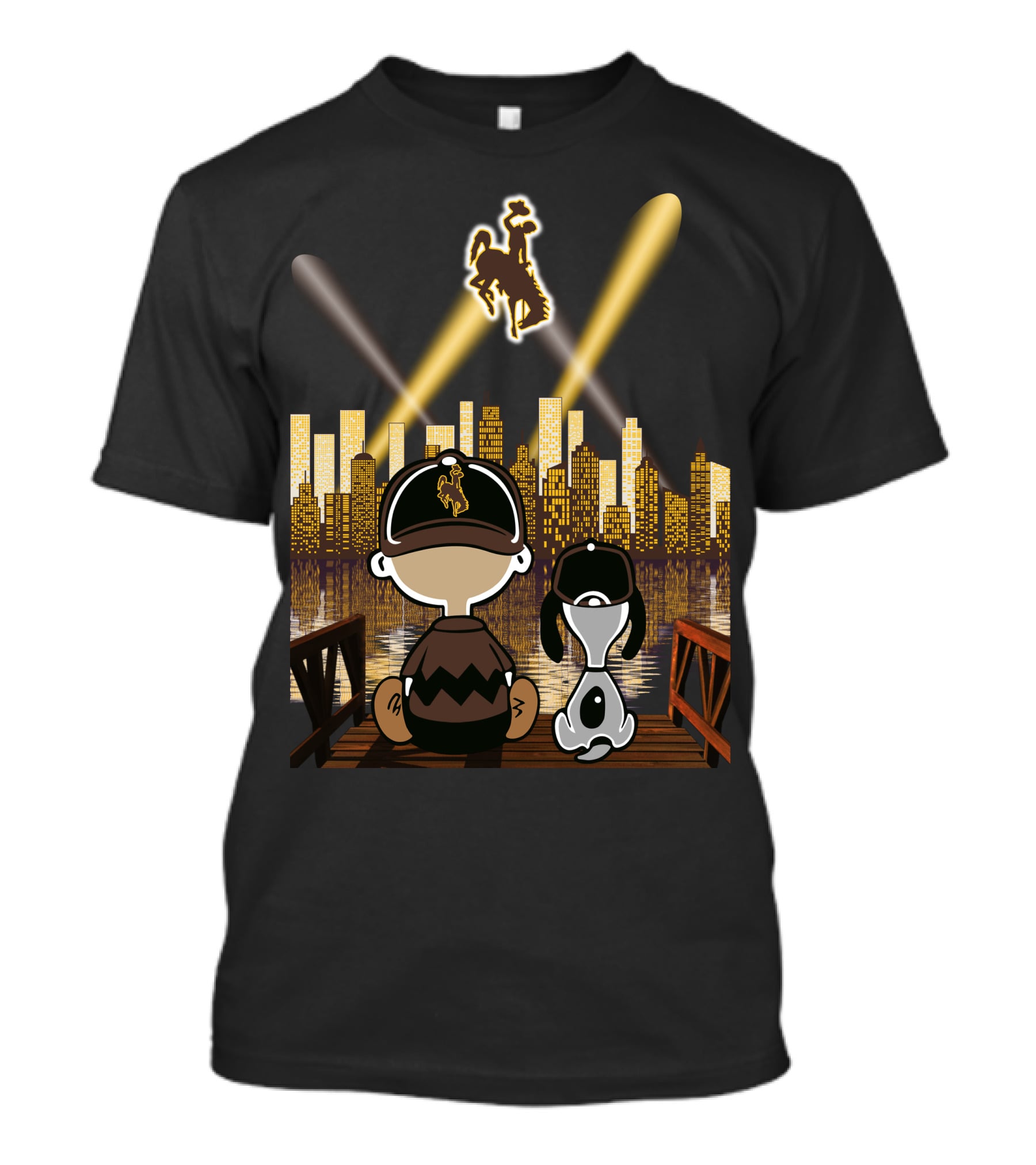 Wyoming Cowboys Skyline Spotlight Views With Cartoon Characters T-Shirt