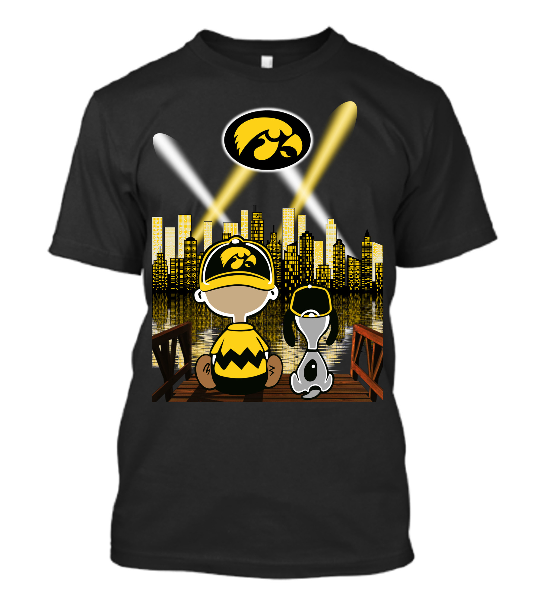 City By Night Iowa Hawkeyes 68 Fan And Dog On Dock Silhouette T-Shirt